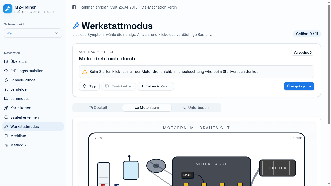 Werkstattmodus mit Motorraum